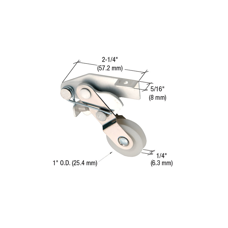 An adjustable sliding screen door roller with a 1-inch concave nylon wheel and aluminum housing shown with dimension labels.