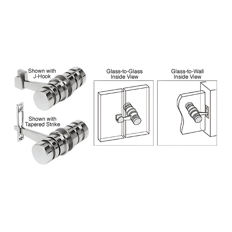 A polished chrome 180-degree knob latch shown with J-hook and tapered strike accessories, plus diagrams for glass-to-glass and glass-to-wall mounting.