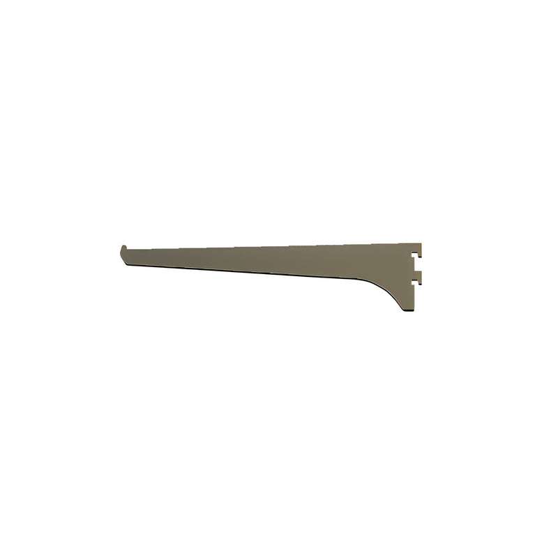A side profile view of a 10-inch aluminum shelf bracket featuring a dark bronze anodized finish.