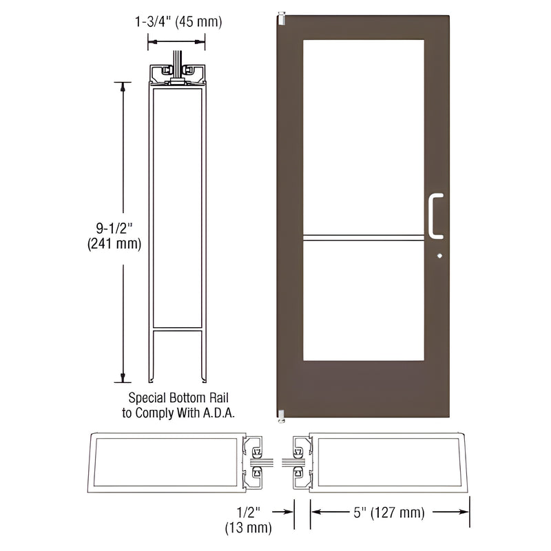 Technical diagram showing the profile and elevation of a black bronze anodized 550 Series wide stile single door with a 9-1/2 inch bottom rail.