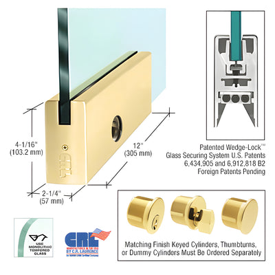 Polished Brass 4" Square DRS Door Rail With Lock for 3/4" Glass - 12" Length