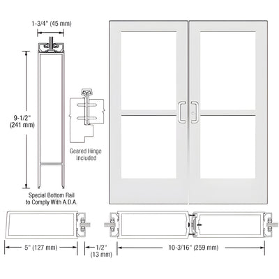 CRL-U.S. Aluminum White KYNAR® Paint Custom Pair Series 550 Wide Stile Geared Hinge Entrance Doors With Panics for Surface Mount Door Closers