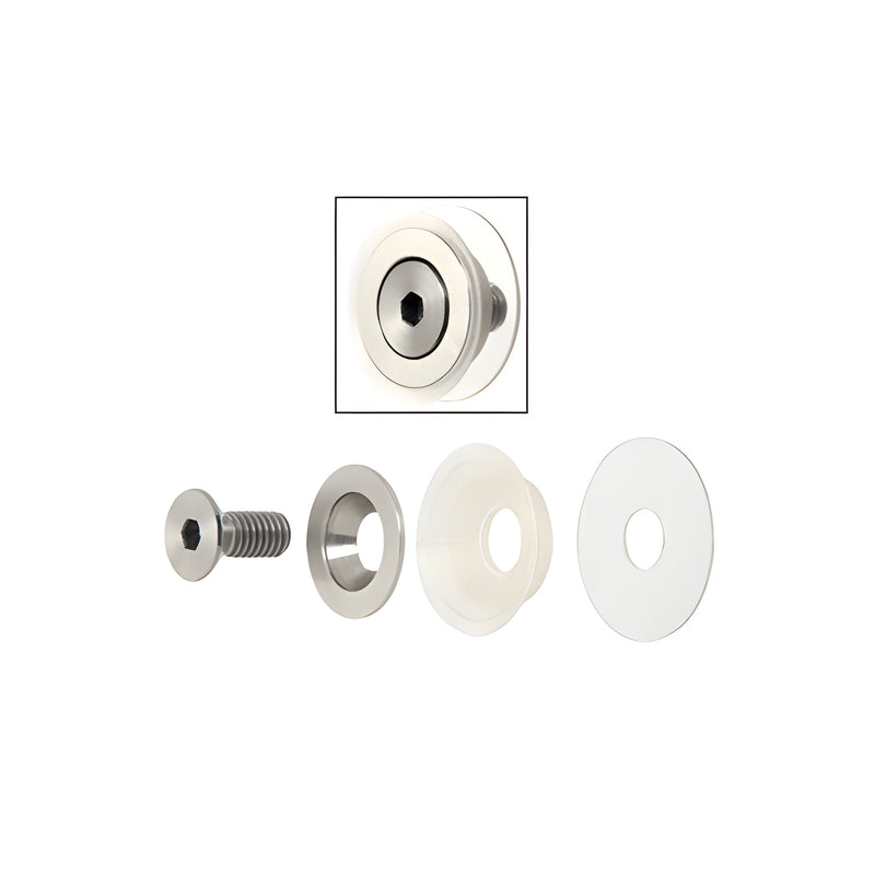 A brushed stainless steel flush mount cap assembly for 1-1/4 inch standoffs shown both assembled and as individual components.