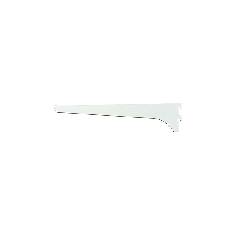 A side view of a 10-inch brite anodized aluminum shelf bracket with a notched mounting end.