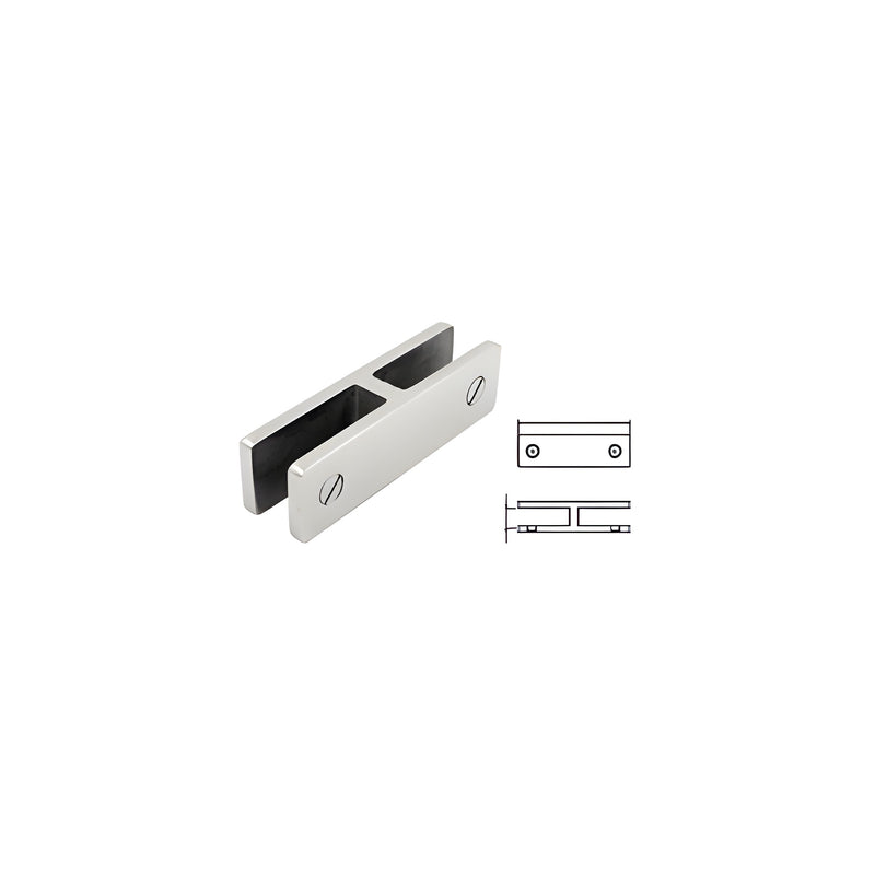 A polished stainless steel 180-degree glass-to-glass bracing clamp shown with its technical line drawing.