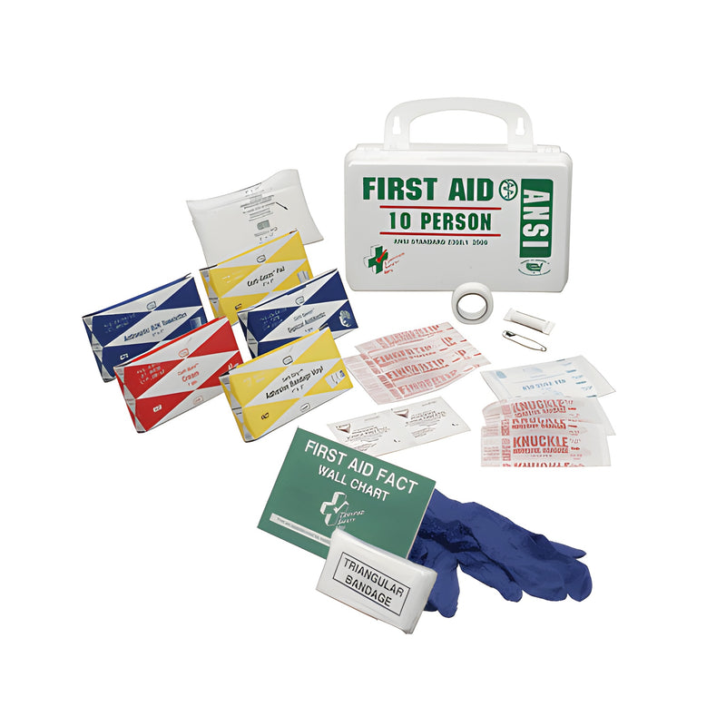 A white plastic carrying case for the CRL 10 person first aid kit displayed with various medical supplies, bandages, and a wall chart.