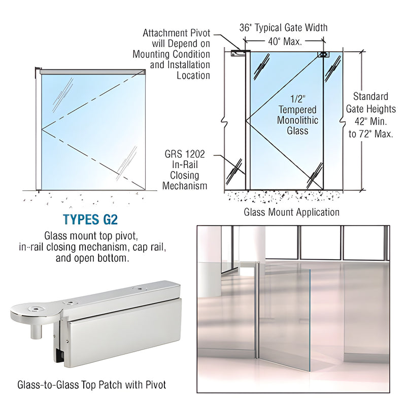 Technical diagram and product photos showing a glass-to-glass mounted gate with an in-rail closing mechanism and polished stainless steel finish.