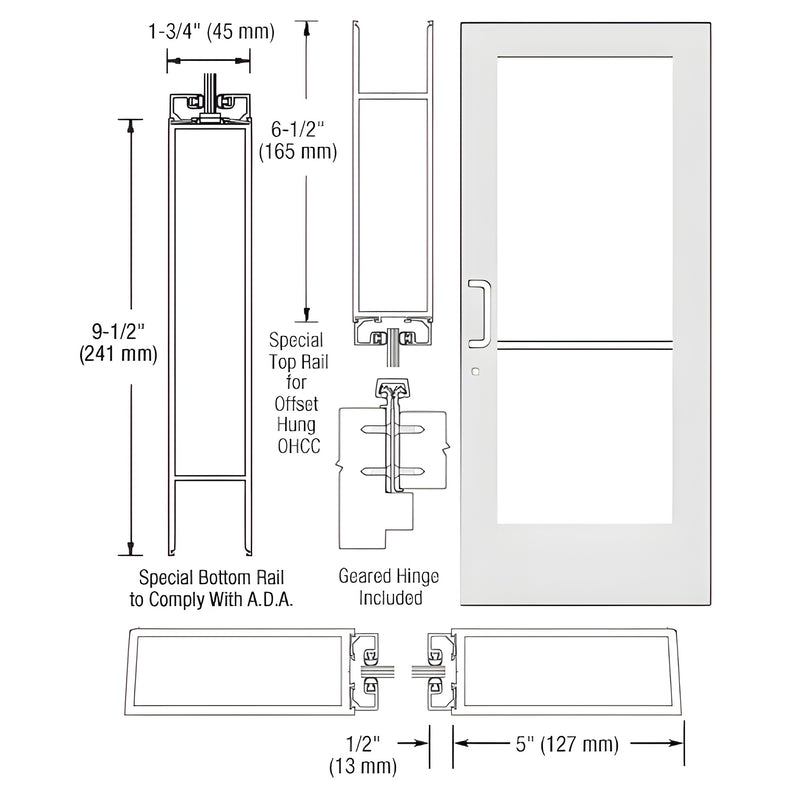 Technical diagram showing the profile and dimensions of a Series 550 wide stile aluminum entrance door with a geared hinge.