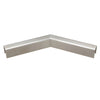 A brushed stainless steel 135-degree horizontal corner connector for low profile glass cap rails.