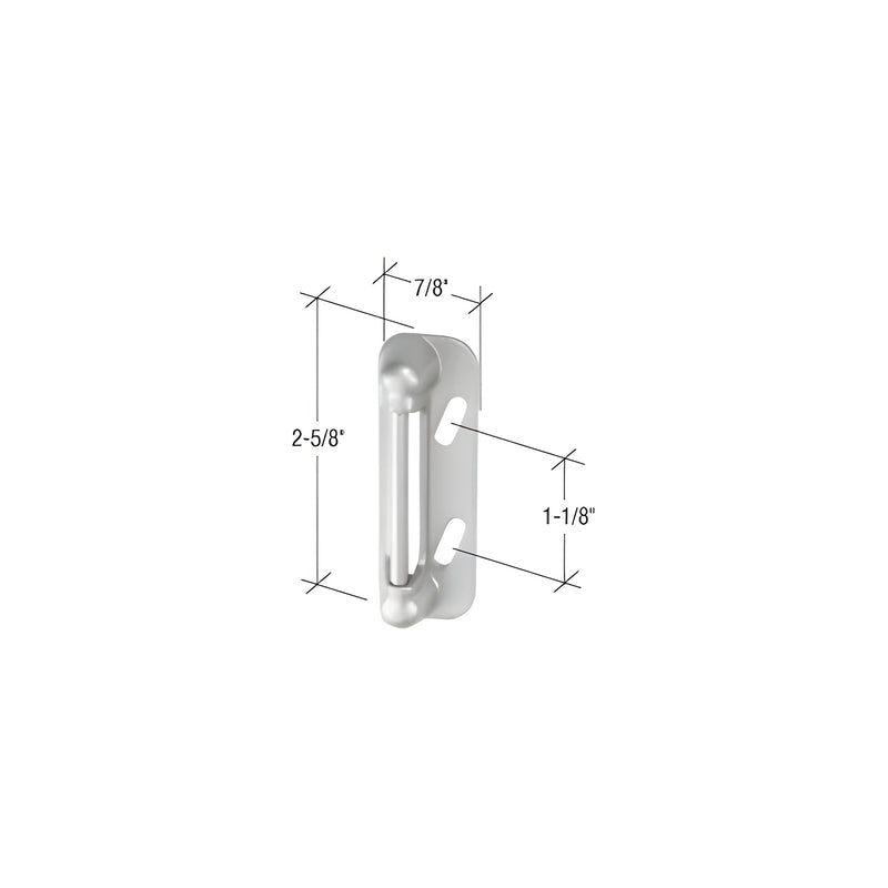A technical diagram of an aluminum screen and storm door strike plate showing its 2-5/8 inch length, 7/8 inch width, and 1-1/8 inch mounting hole spacing.