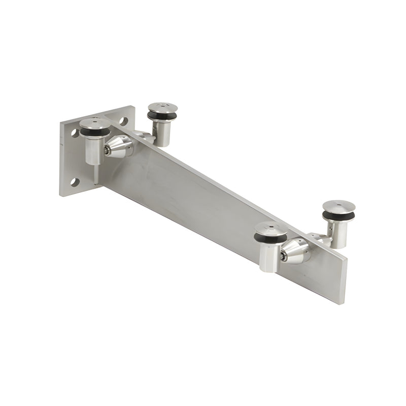 A brushed stainless steel sloped wall bracket for glass awnings featuring four mounting points.
