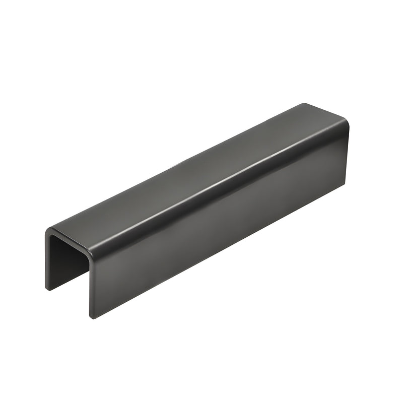 A section of matte black 11 gauge aluminum cap rail designed for 3/4 inch glass.