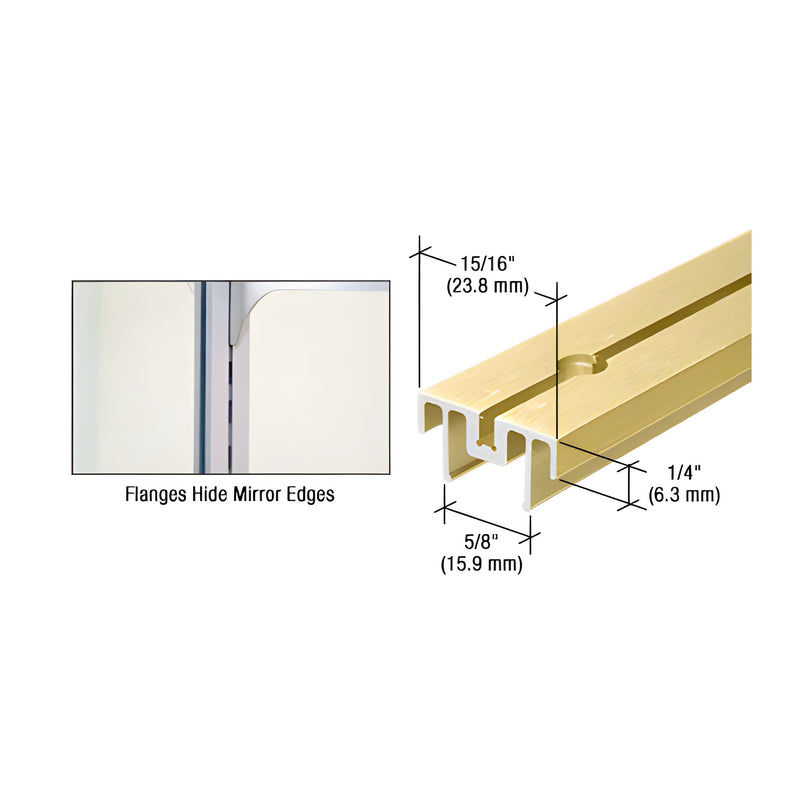 A gold anodized aluminum mirror standard showing cross-section dimensions and a detail view of flanges hiding mirror edges.