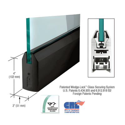 CRL Black Powder Coated 1/2" Glass 4" Tapered Door Rail Without Lock - 35-3/4" Length