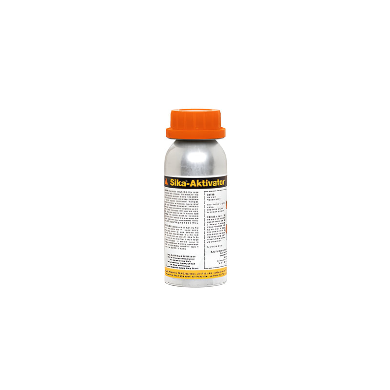 An 8.3 oz. bottle of Sika Aktivator PRO featuring a silver metal body and an orange screw-top cap.