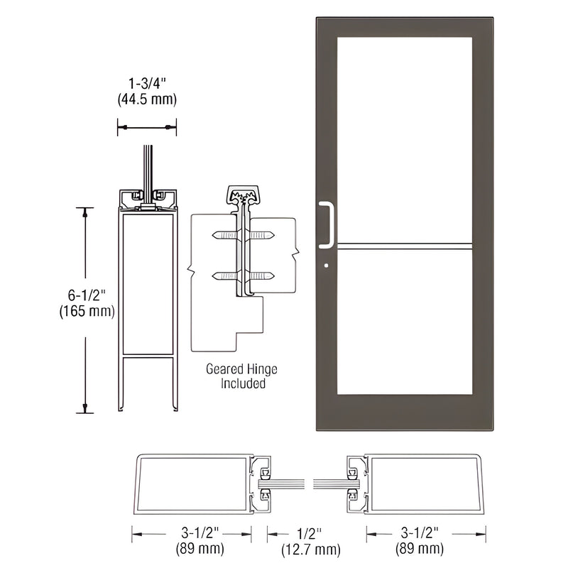 Technical diagram showing the profile and dimensions of a Series 400 medium stile entrance door with a geared hinge.