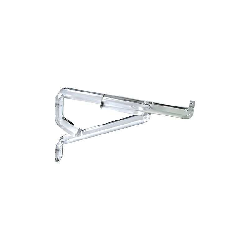 A single clear Lucite 12-inch deluxe shelf bracket shown from a side angle.