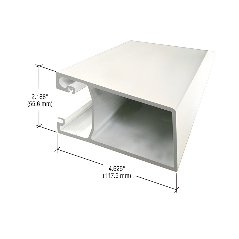 A cross-section view of a white KYNAR painted aluminum beveled door stile showing its 2.188 inch by 4.625 inch dimensions.