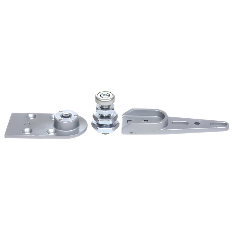 A Jackson brand dual-purpose pivot set including a floor plate, pivot pin, and arm for 1-inch deep aluminum door rails.