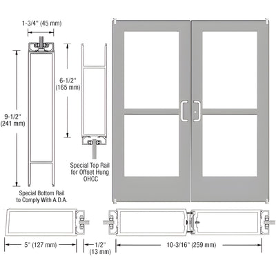 CRL-U.S. Aluminum Clear Anodized Custom Pair Series 550 Wide Stile Offset Pivot Entrance Door With Panics for Overhead Concealed Door Closers