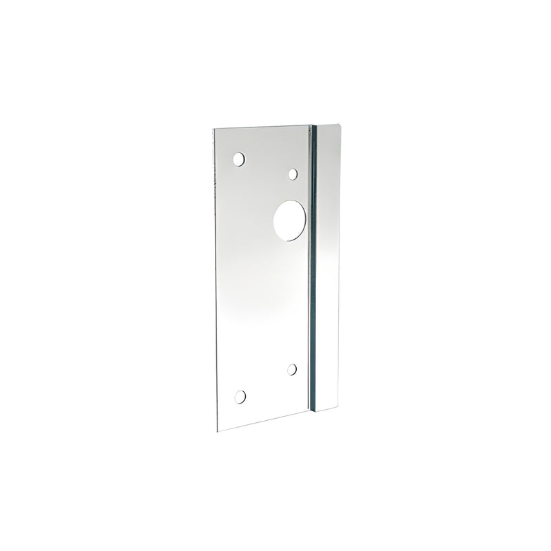 A polished stainless steel left-hand center lock latch guard measuring 4 inches by 10 inches.