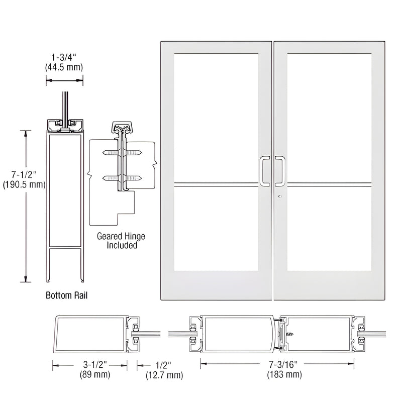 Technical diagram showing the profile, bottom rail dimensions, and assembly of a CRL-U.S. Aluminum Series 400 medium stile geared hinge entrance door pair.