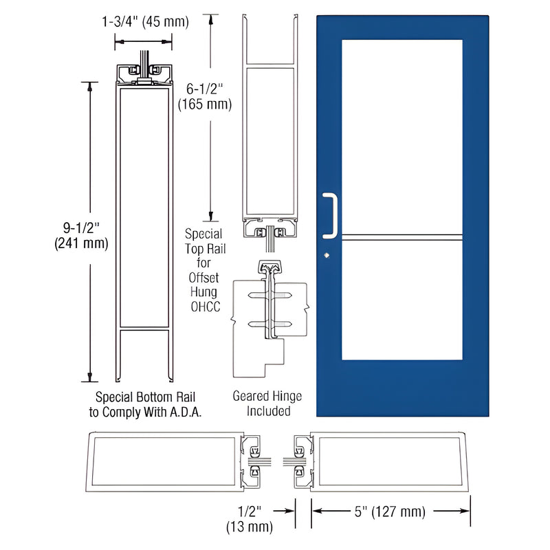 Technical diagram showing the cross-section profiles and dimensions of a Series 550 wide stile entrance door with a geared hinge.