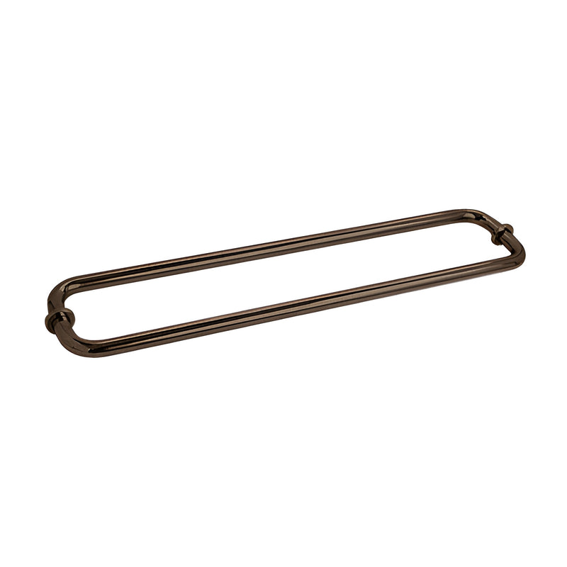 A 24-inch oil rubbed bronze back-to-back tubular towel bar with metal washers for glass mounting.