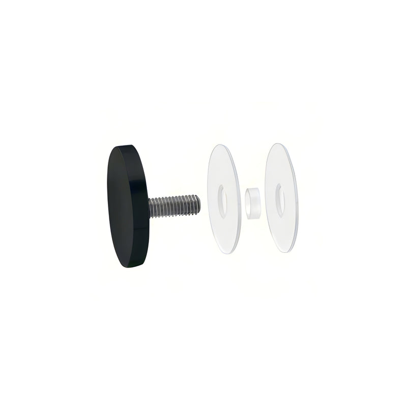 A matte black 2-inch round stainless steel standoff cap assembly shown with its included mounting stud, plastic washers, and spacer.