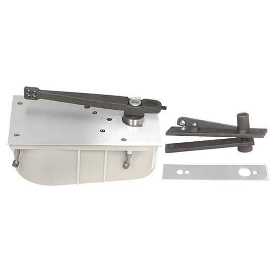 Rixson floor-mounted door closer kit (SKU 2890SH0LHSC) with satin chrome arm, cement case and center-hung pivot hardware.