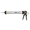 A side view of the CRL 15-inch sausage and cartridge caulking gun with a silver barrel and black handle.