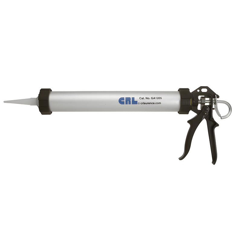 A side view of the CRL 15-inch sausage and cartridge caulking gun with a silver barrel and black handle.
