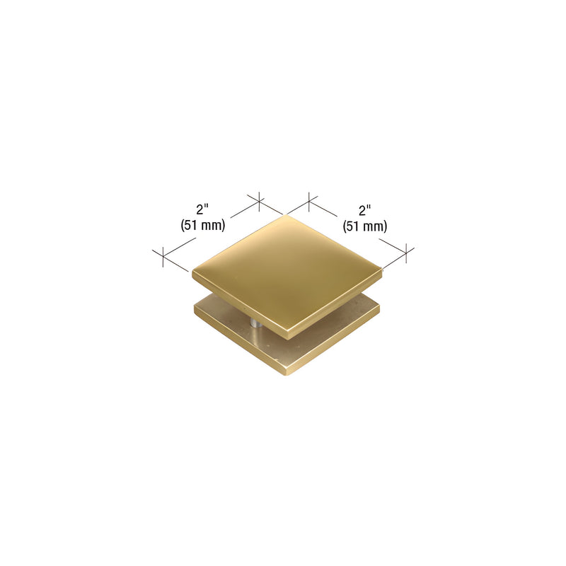 A square polished brass mall front clamp measuring 2 inches by 2 inches shown with dimension lines.