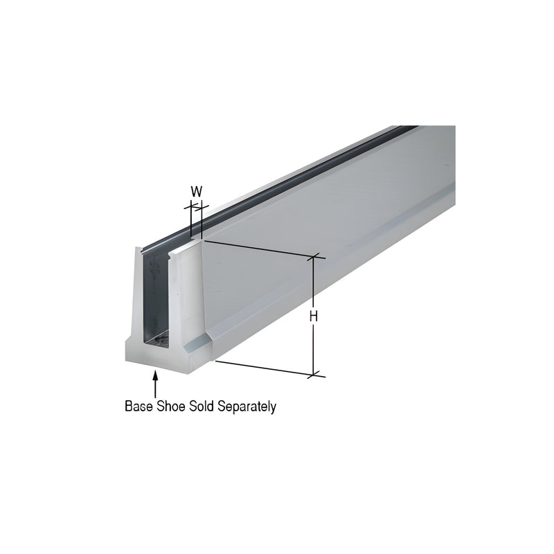A section of brushed stainless steel cladding shown alongside a tapered base shoe profile with height and width dimension indicators.
