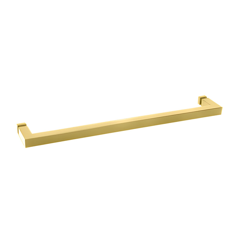A 24-inch satin brass square tubing towel bar with mitered corners designed for glass mounting.