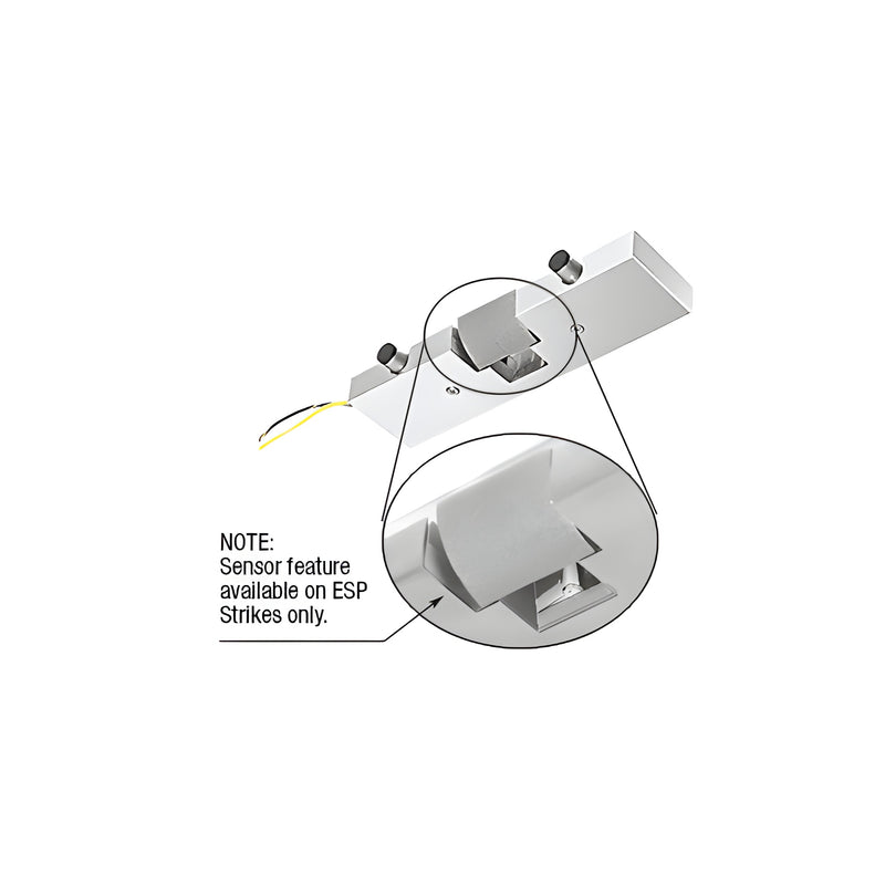 A polished stainless steel electric strike keeper for single doors shown with a detailed inset highlighting the sensor feature.