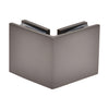 A matte gun metal square 90-degree glass-to-glass clamp shown from the exterior corner angle.