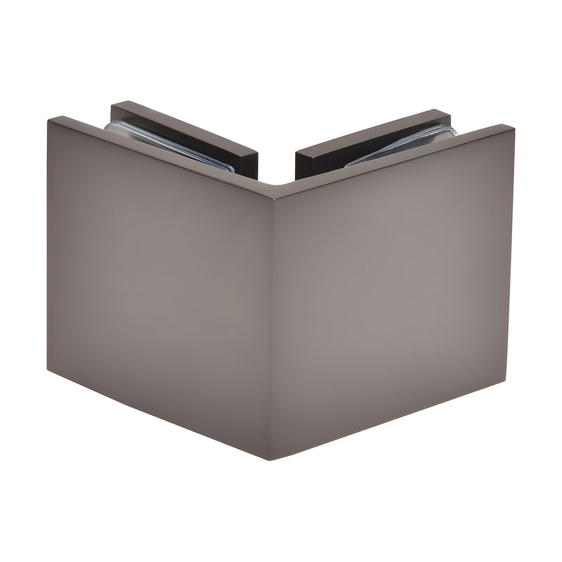 A matte gun metal square 90-degree glass-to-glass clamp shown from the exterior corner angle.