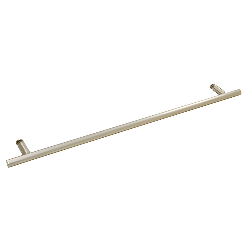 A brushed nickel ladder style towel bar designed for single-sided glass mounting.