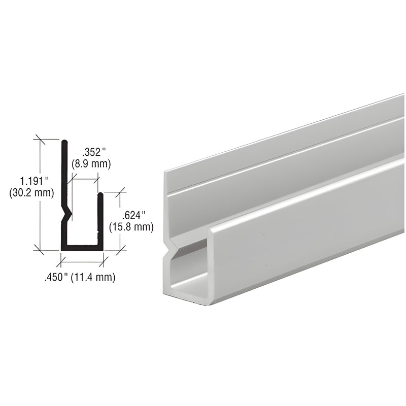 A technical diagram and perspective view of a satin anodized aluminum J-channel with a deep nose and indented back profile.