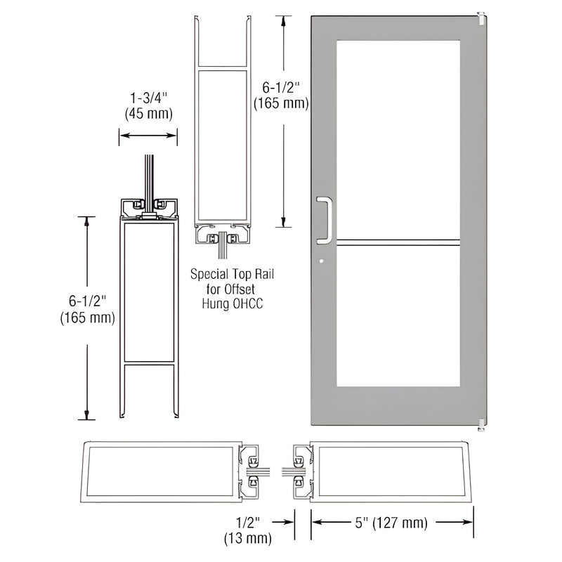 Technical diagram showing the profile and dimensions of a Series 550 wide stile offset pivot entrance door with a special top rail for overhead concealed closers.