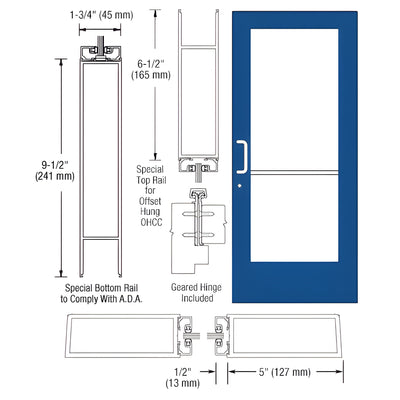 CRL-U.S. Aluminum Custom KYNAR® Paint Custom Single Series 550 Wide Stile Geared Hinge Entrance Door for Overhead Concealed Door Closer