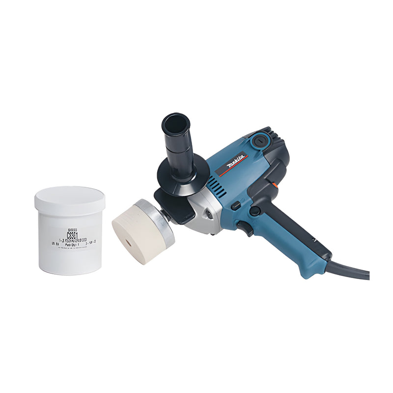 A Makita power tool with a polishing attachment sits next to a container of polishing compound for the CRL scratch polishing kit.