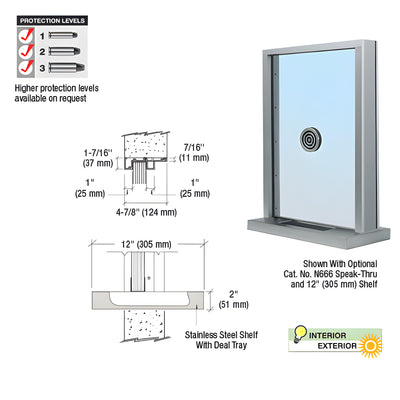 CRL Satin Anodized Aluminum Standard Inset Frame Exterior Glazed Exchange Window with 12" Shelf and Deal Tray
