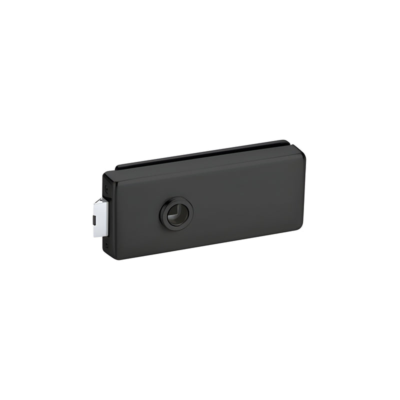 A matte black square latch housing for interior glass doors featuring a sleek, modern profile.