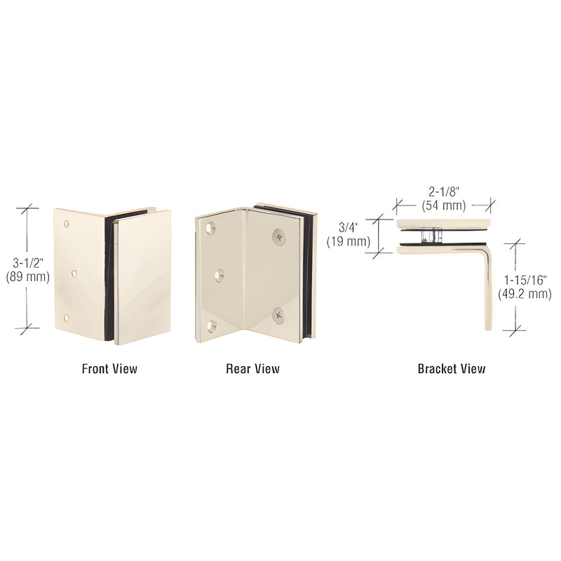Technical diagram showing front, rear, and side views of the polished nickel brass Geneva series wall mount bracket with dimensions.