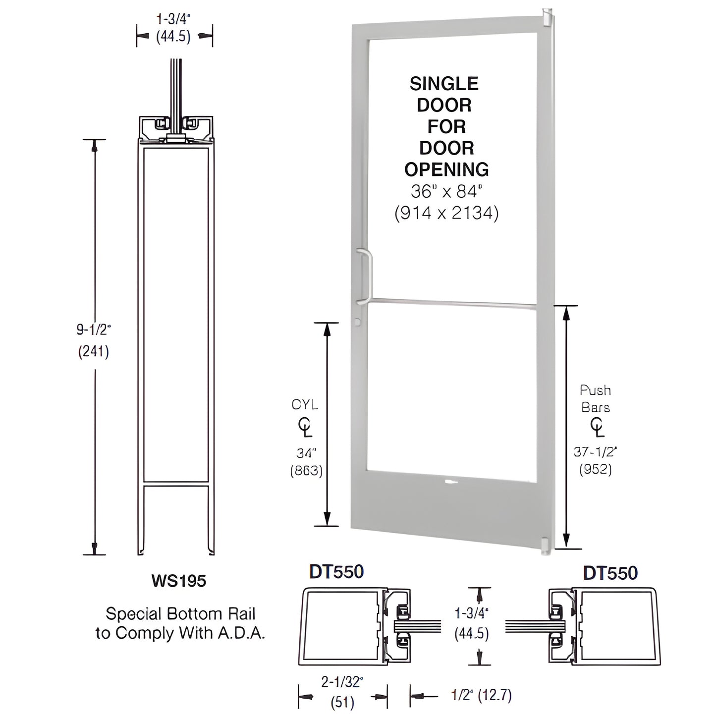 CRL-U.S. Aluminum 250 3'x7' White KYNAR ADA Commercial Door w/ Closer