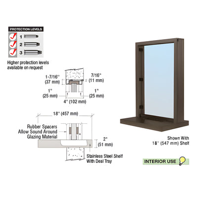 CRL Duranodic Bronze Anodized Narrow Inset Frame Interior Glazed Exchange Window with 18" Shelf and Deal Tray