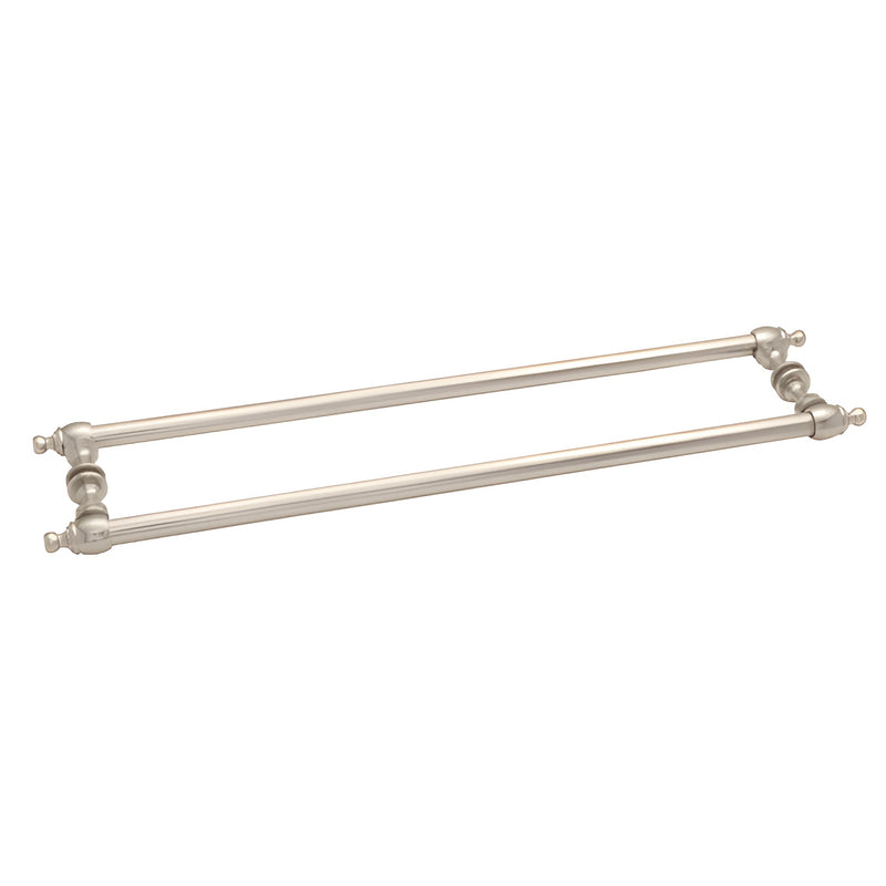A pair of polished nickel Colonial style towel bars designed for back-to-back glass mounting.