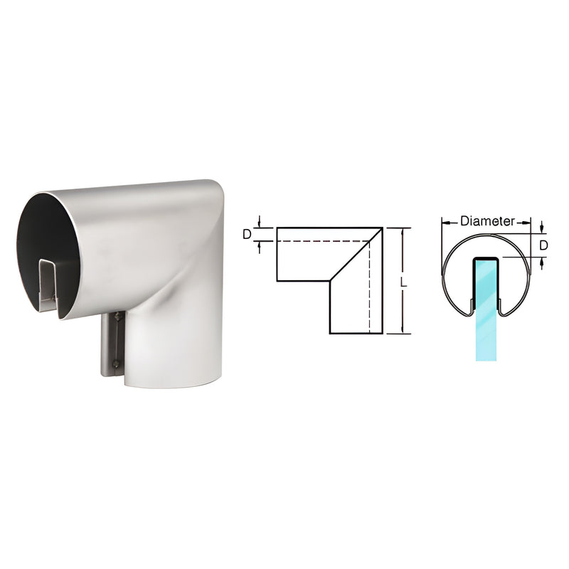 A brushed stainless steel 90-degree vertical corner fitting for glass cap railing shown with a technical diagram.